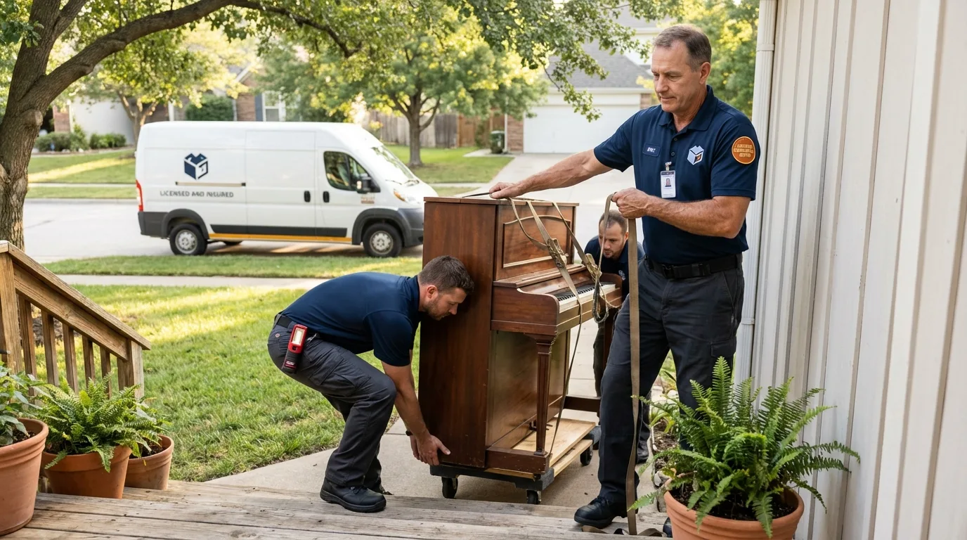 Licensed piano movers securing grand piano in Fort Deposit, AL