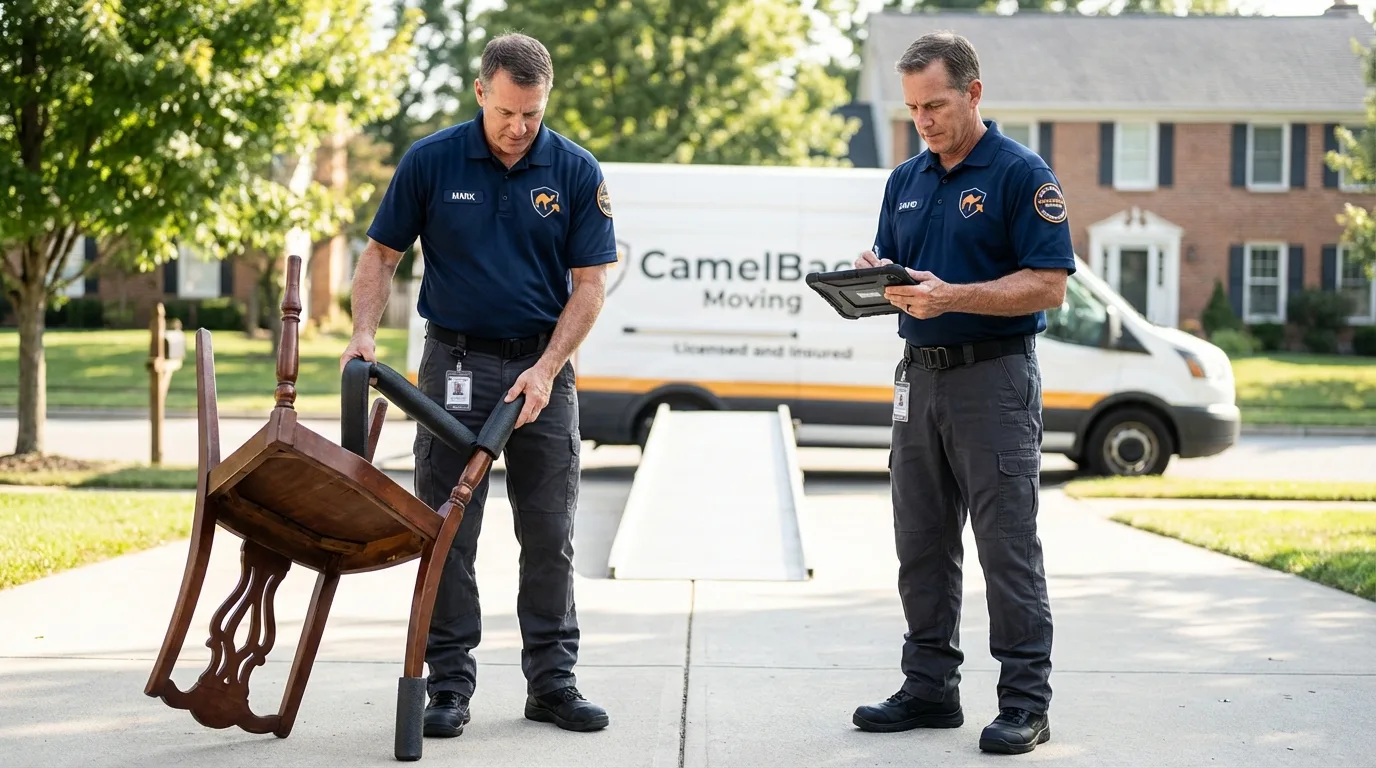 Movers inspecting furniture for damage prevention before loading in Fort Deposit, AL