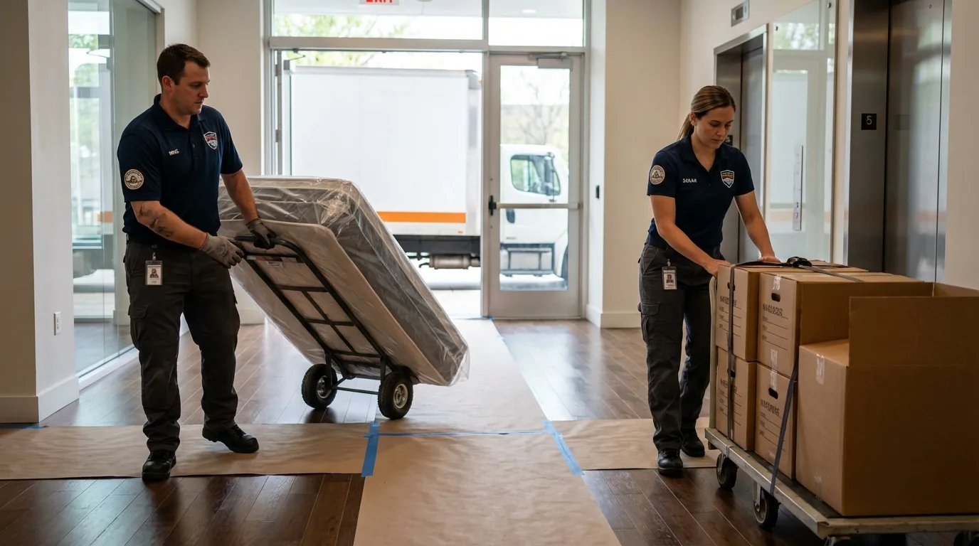 Professional apartment movers loading elevator in Fort Deposit, AL