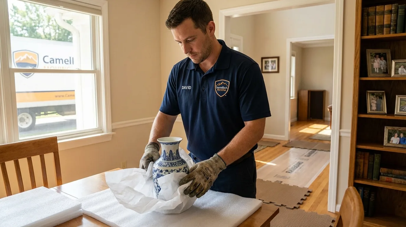 Professional crew carefully wrapping antique vase for senior downsizing move in Fort Deposit, AL